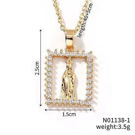 Shiny Brass Micro Pave Clear Cubic Zirconia Hollow Rectangle Vintage Statue Pendant Necklaces DN8896-1-1
