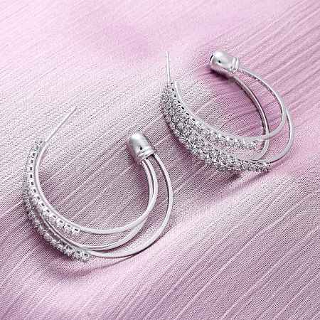Triple C-Shaped Brass Micro Pave Clear Cubic Zirconia Stud Earrings EJEW-R025-29P-1