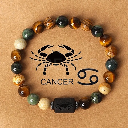 Twelve Constellations Natural Tiger Eye & Picture Jasper & Rhyolite Jasper Round & Column Beaded Stretch Bracelets for Women Men WG6FA5D-06-1