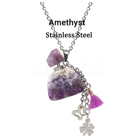 Natural Amethyst Perfume Bottle Pendant Necklace with Staninless Steel Butterfly Flower and Tassel Charms BOTT-PW0002-072J-1