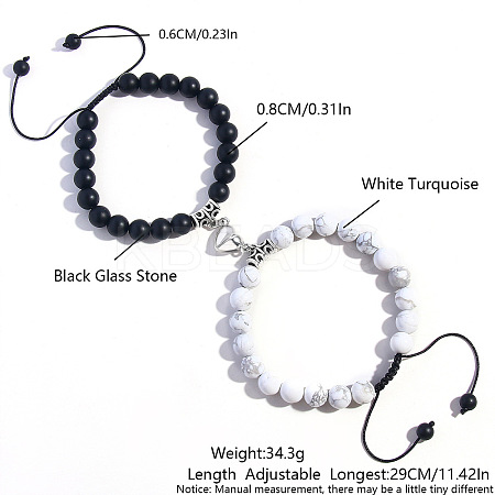 2 Pcs Synthetic Black Stone & Howlite Couple Bracelets with Heart Magnetic Attraction EH4505-2-1