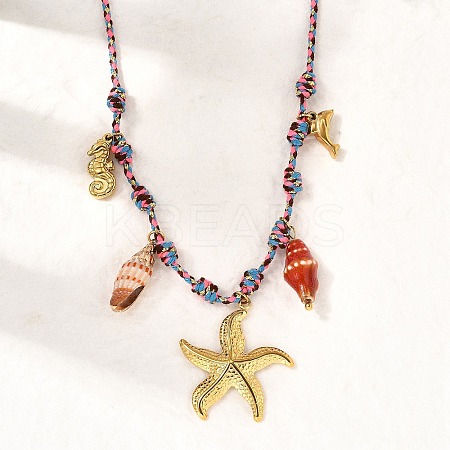 Summer Beach 304 Stainless Steel & Electroplated Natural Shell Pendant Adjustable Polyester Cord Necklaces for Women NJEW-F348-01C-G-1