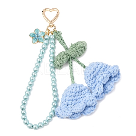 Handmade Cotton Yarn Crochet Lily of the Valley & Glass Pearl Round Bead Pendant Decorations HJEW-JM04389-02-1
