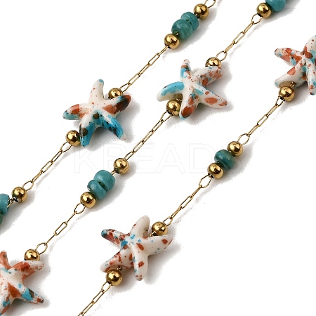 Handmade 304 Stainless Steel Synthetic Turquoise Starfish Link Chains CHS-L032-13G-06-1