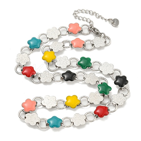 304 Stainless Steel Enamel Flower Link Chain Necklaces NJEW-S431-05P-02-1
