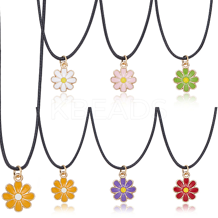 48Pcs 6 Colors Alloy Enamel Flower Pendant Waxed Cord Necklaces NJEW-GO00002-1