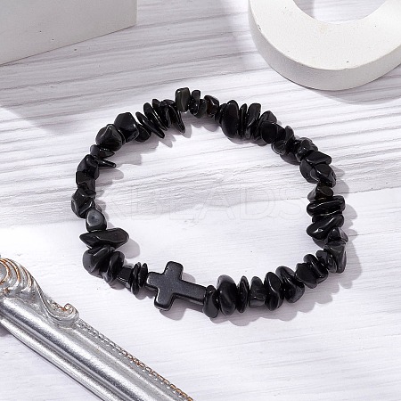 Natural Obsidian Chips Stretch Bracelets for Women Men BJEW-JB11341-09-1