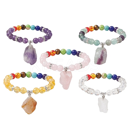 5Pcs 5 Styles Raw Rough Mixed Gemstone Charm Bracelets BJEW-JB10298-1