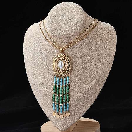 Bohemian 304 Stainless Steel & Imitation Pearl Oval Pendant Necklaces NJEW-Z061-10G-01-1