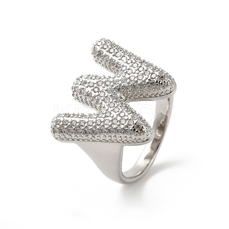 Letter Brass Micro Pave Clear Cubic Zirconia Open Cuff Ring for Women RJEW-N046-03W-P-1