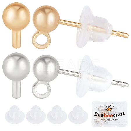 Beebeecraft 40Pcs 2 Style Brass Ball Stud Earring Post KK-BBC0003-73-1