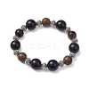 12mm Round Natural Black Onyx(Dyed & Heated) & 10mm Round Natural Tiger Eye & Alloy Beaded Stretch Bracelets for Women BJEW-JB10559-1