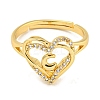Heart with Letter Rack Plating Brass Micro Pave Clear Cubic Zirconia Adjustable Rings for Women RJEW-I105-01G-C-2