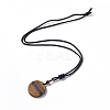Natural Tiger Eye Flat Round with Flower of Life Pendant Necklace with Nylon Cord for Women NJEW-P274-02-01-2