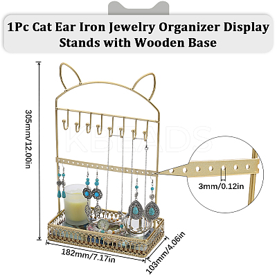 1Pc Cat Ear Iron Jewelry Organizer Display Stands with Wooden Base ODIS-SC0001-02-1