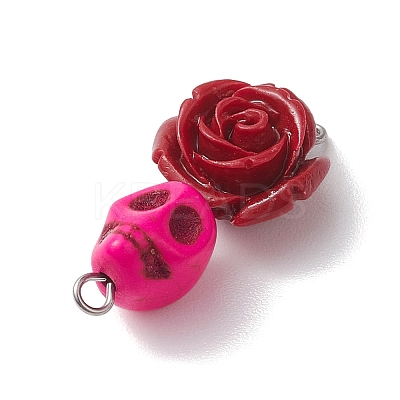 5Pcs 5 Colors Synthetic Coral & Turquoise Dyed Flower Skull Connector Charms PALLOY-JF02783-1