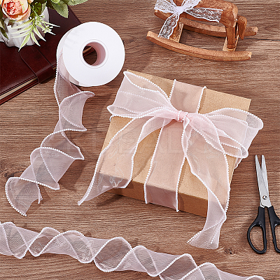 5 Yards Organza Plastic Ribbon with Plastic Pearl Edged OCOR-WH0101-185D-1