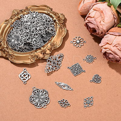60Pcs 10 Styles Tibetan Style Alloy Flower Connector Charms FIND-YW0010-22-1