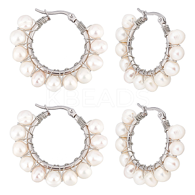 4 Pairs Natural Pearl Braided Hoop Earrings EJEW-UN0002-10-1