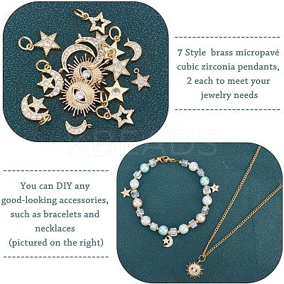 14Pcs 7 Style Brass Micro Pave Cubic Zirconia Charms ZIRC-FH0001-10-1