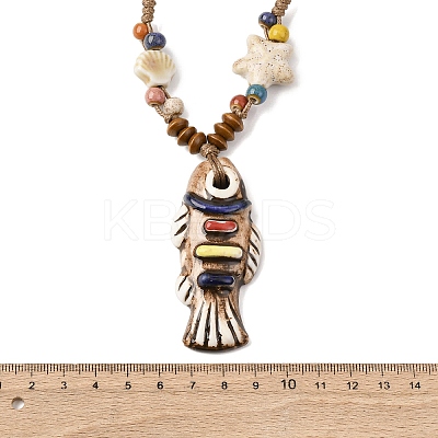 Ceramic Fish Pendant Adjustable Waxed Cord Necklaces for Women NJEW-B146-01-1