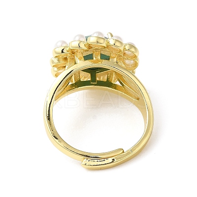 Ion Plating(IP) Natural Mixed Gemstone Hexagon Adjustable Ring with Plastic Pearl Beaded RJEW-E075-03G-1