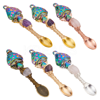 6Pcs 6 Styles Coppwer Wire Wrapped Natural Amethyst & Rose Quartz Wrapped Alloy Spoon Big Pendants PALLOY-GA00012-1