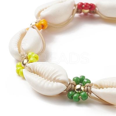 Natural Cowrie Shell & Glass Seed Flower Braided Bead Bracelets for Women BJEW-TA00206-1
