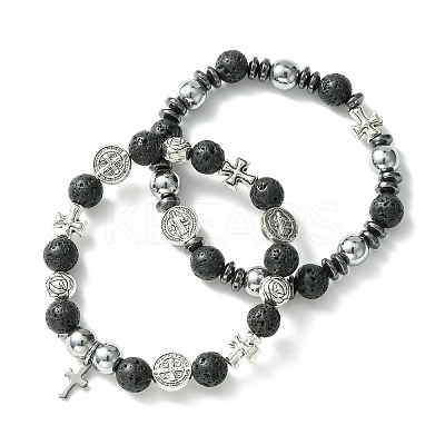 2Pcs 2 Style Natural Lava Rock & Alloy Saint Benedict Medal Beaded Stretch Bracelets Set BJEW-JB09635-1
