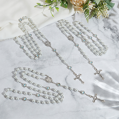 3Pcs 3 Colors Imitation Pearl Rosary Bead Necklaces NJEW-GO0001-17-1