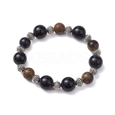 12mm Round Natural Black Onyx(Dyed & Heated) & 10mm Round Natural Tiger Eye & Alloy Beaded Stretch Bracelets for Women BJEW-JB10559-1