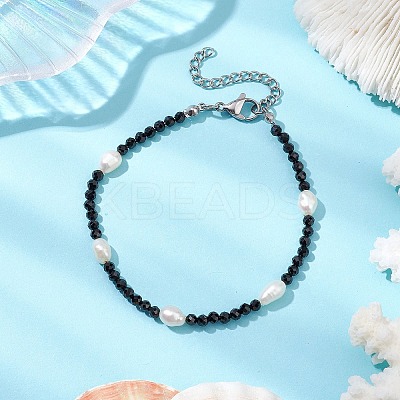 Natural Black Spinel & Cultured Freshwater Pearl Beads Beaded Bracelets for Woman BJEW-JB11268-1