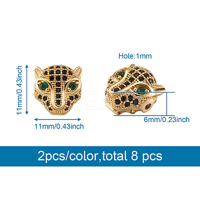 8Pcs 4 Colors Brass Micro Pave Black & Green Cubic Zirconia KK-KS0001-19-1