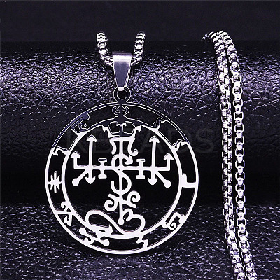 201 Stainless Steel Flat Round Sigil Pendant Necklaces LS-NJEW-H065-19P-1