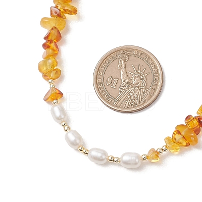 Natural Pearl Rice and Natural Amber Chip Beaded Necklaces NJEW-JN05883-1
