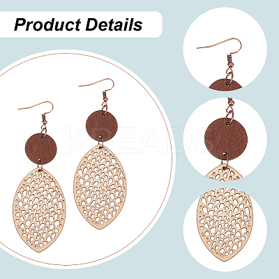 3 Pairs 3 Colors Wood Hollow Oval Dangle Earrings with 304 Stainless Steel Pins for Women EJEW-AN0004-83-1