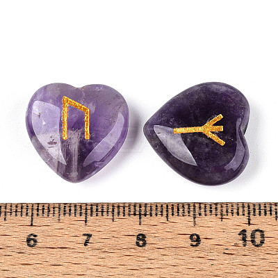 25Pcs Natural Amethyst Heart Rune Stones with Elder Futhark Alphabet Engraved G-T144-02A-1