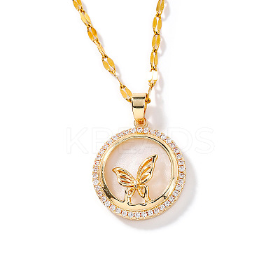 Brass Clear Cubic Zirconia Flat Round Butterfly Pendant Dapped Chain Necklaces for Women WA9125-1