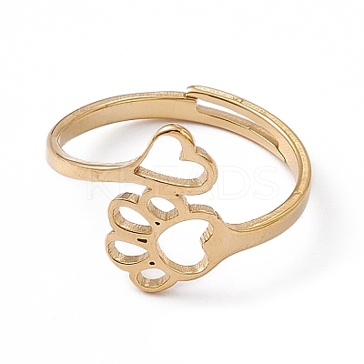 Ion Plating(IP) 201 Stainless Steel Heart & Dog Paw Prints Adjustable Ring for Women RJEW-K238-09G-1