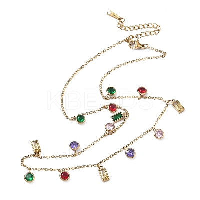 304 Stainless Steel Pave Colorful Cubic Zirconia Flat Round Rectangle Pendant Bib Necklaces NJEW-C114-03G-1