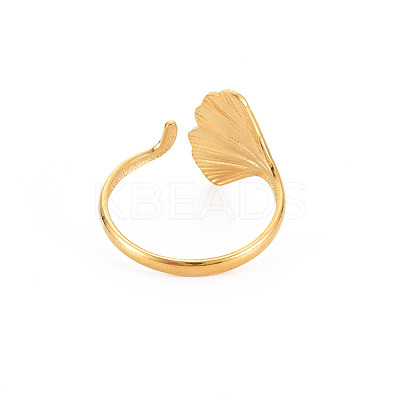 Ion Plating(IP) 304 Stainless Steel Ginkgo Leaf Wrap Open Cuff Ring for Women RJEW-S405-157G-1