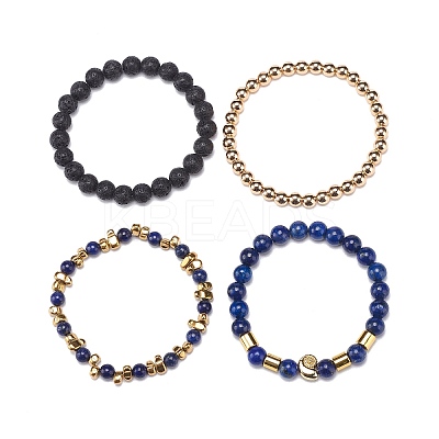4Pcs 4 Style Natural Lava Rock & Lapis Lazuli(Dyed) & Synthetic Hematite Stretch Bracelets Set with Alloy Shell Beaded BJEW-JB08738-1