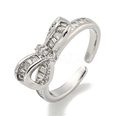 Bowknot Brass Micro Pave Cubic Zirconia Open Cuff Ring for Women RJEW-E296-03P-1