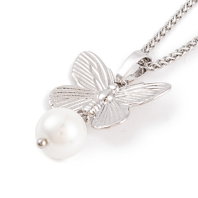 Butterfly Rack Plating Brass ABS Pearl Pendant Necklaces NJEW-S423-03P-1