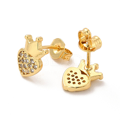 Rack Plating Brass Micro Pave Clear Cubic Zirconia Heart with Crown Ear Studs EJEW-F301-03-1