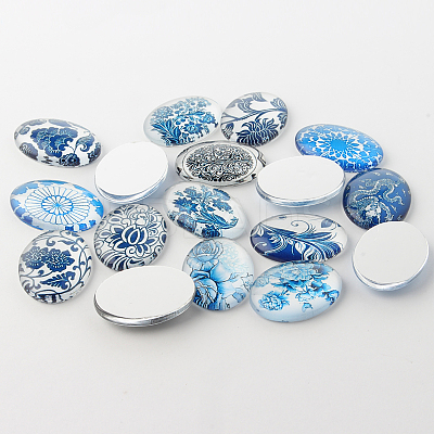 Blue and White Floral Theme Ornaments Glass Oval Flatback Cabochons GGLA-A003-13x18-YY-1