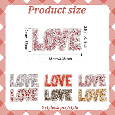12Pcs 6 Colors Valentine's Day Theme Word LOVE Hotfix Rhinestone Iron on Patches PATC-FG0001-69-1