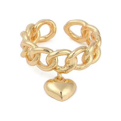 Brass Heart Charm Open Cuff Ring KK-D080-09G-1
