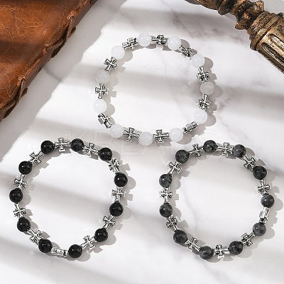 3Pcs Natural Black Onyx & Larvikite & Malaysia Jade Round Beads Stretch Bracelets BJEW-JB12343-1