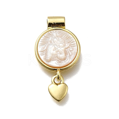 Brass Pave Natural White Shell Flat Round with Heart Pendants KK-C090-37G-07-1